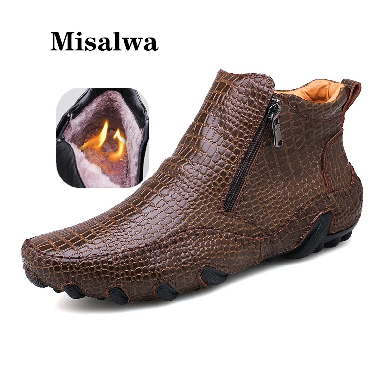 

Misalwa Zipper Men Snow Boots Crocodile Pattern Warm Plush Plus Size 38-47 Men Boots Casual Leather Shoes Men Octopus Boots