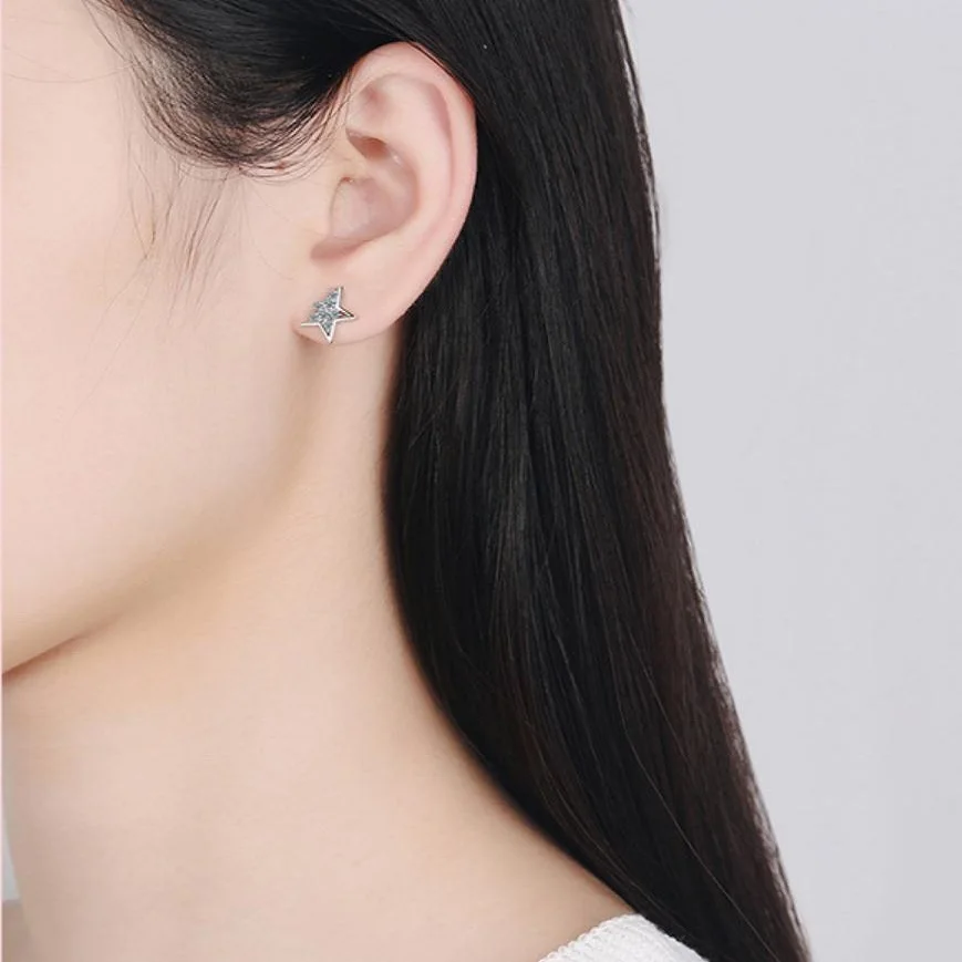 

New 925 Sterling Silver Jewelry Inlaid Diamond Stars Ear Studs Earrings Woman's Classic Clothes With Gifts