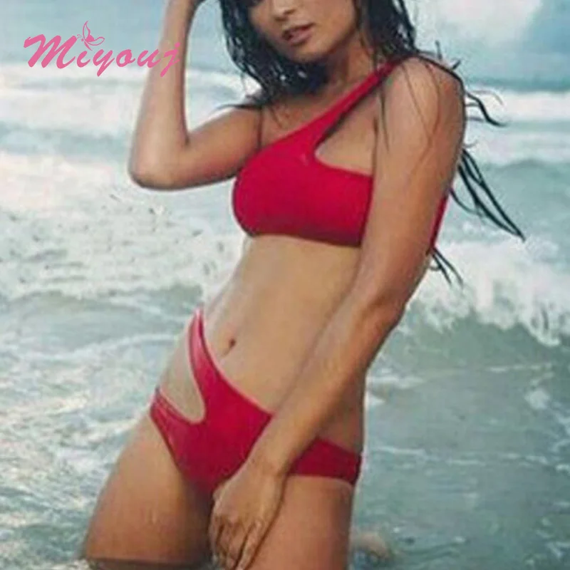 

One Shoulder Women's Swimsuit 2021 Solid Color Bathing Suits Sexy Thong Cut Out Bikini Set High Quality Swimming Swimwear
