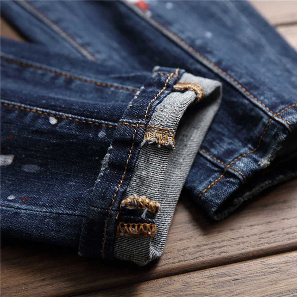 

New Men's Slim-Fit Ripped Pants New Men's Painted Jeans Patch Beggar Pants Jumbo