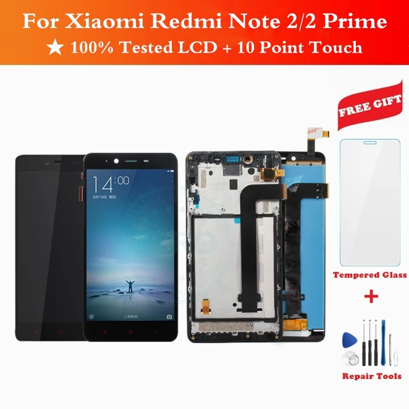 100% протестирован для Xiaomi Redmi Note 2 ЖК дисплей + рамка 10 Сенсорная панель Note2 Prime