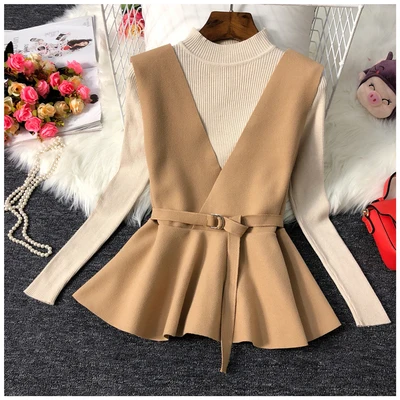 khaki beige ALPHALMODA осень НОВАЯ Трикотажная нижняя рубашка+ жилет модный костюм из двух частей женский жилет с v-образным вырезом и поясом+ свитер с длинными рукавами - Цвет: khaki beige