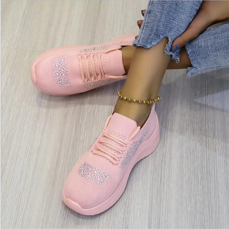 

Large size women's shoes summer new breathable sports shoes women's mesh surface rhinestone flying woven casual running shoes