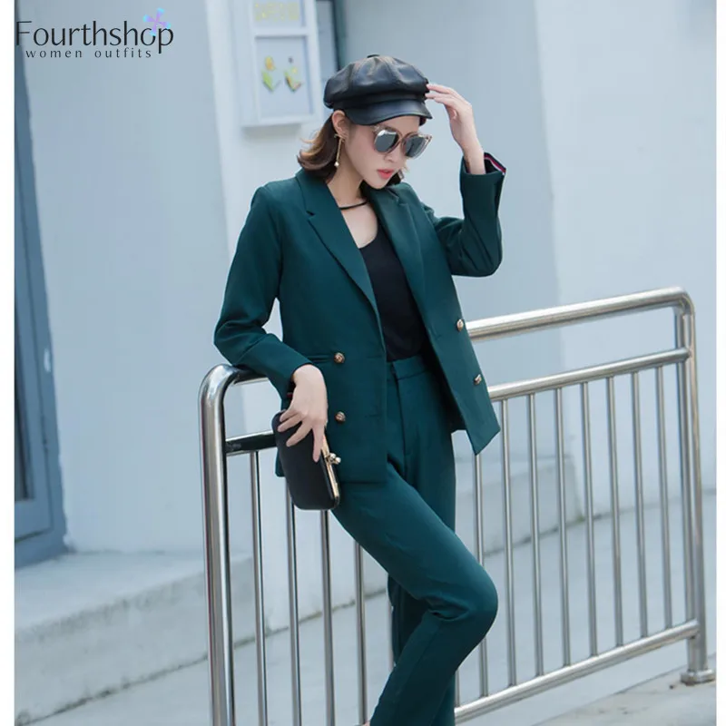 2020 Модный женский костюм двубортный брючный Осень-зима комплект из 2 предметов
