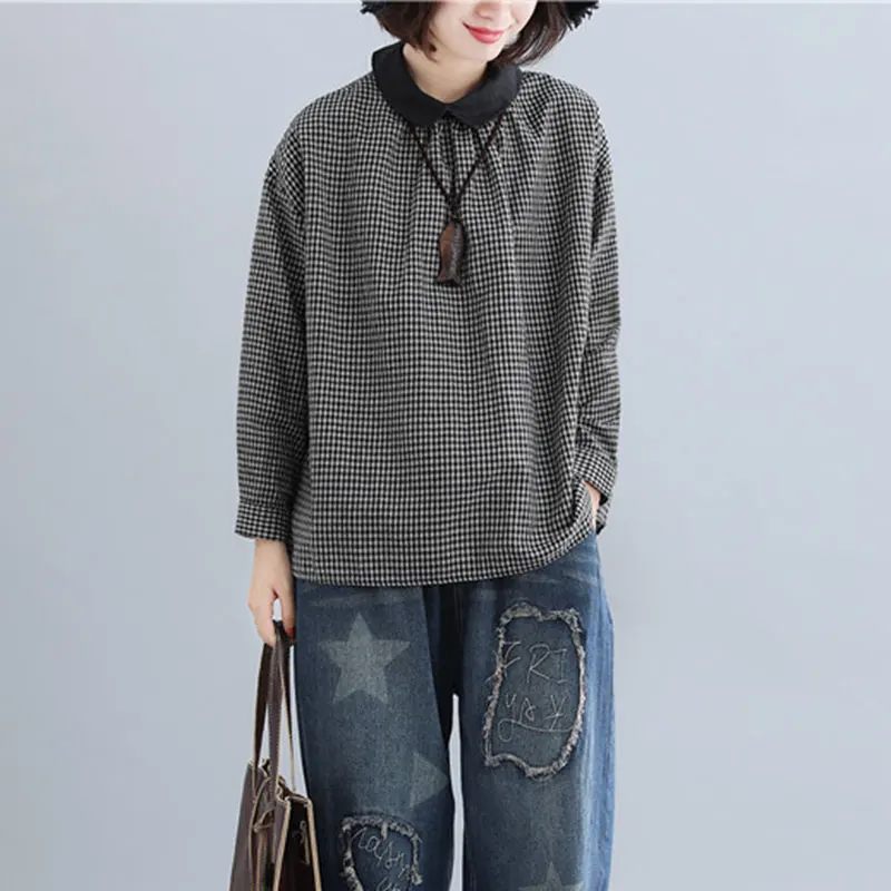 

Spring Autumn New Arts Style Women Peter Pan Collar Long Sleeve Casual Shirts Cotton Linen Plaid Loose Blouses Big Size M645