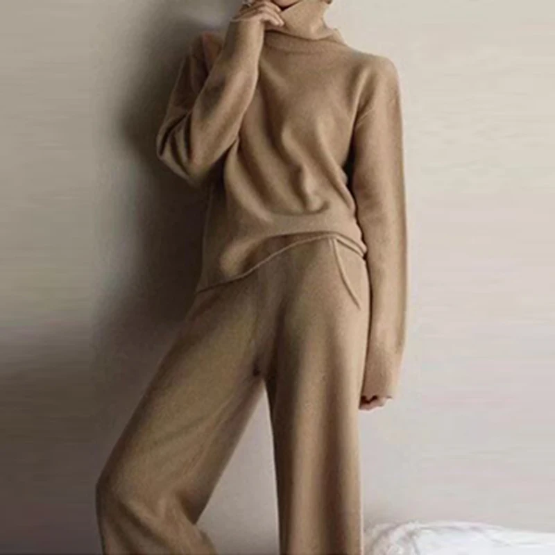 

Однотонные осенние вязаные комплекты из двух предметов, Женский пуловер с высоким воротом + Брюки с карманами, пижамный комплект, зимние теп...