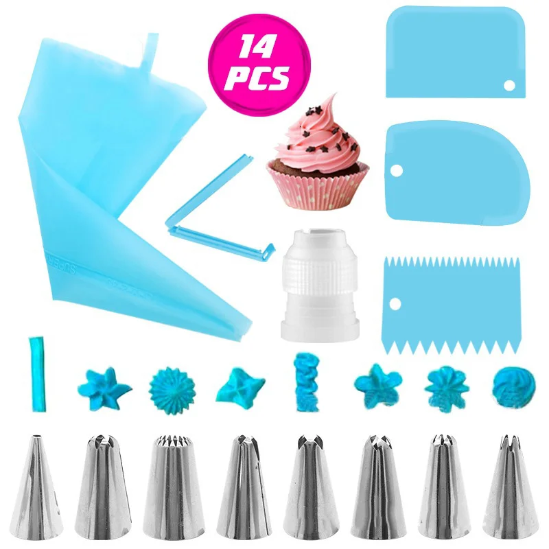 

14pcs Cake Decorating Kit Piping Tips Silicone Pastry Icing Bags Nozzles Cream Scrapers Coupler Set DIY Cake Decorating Tools