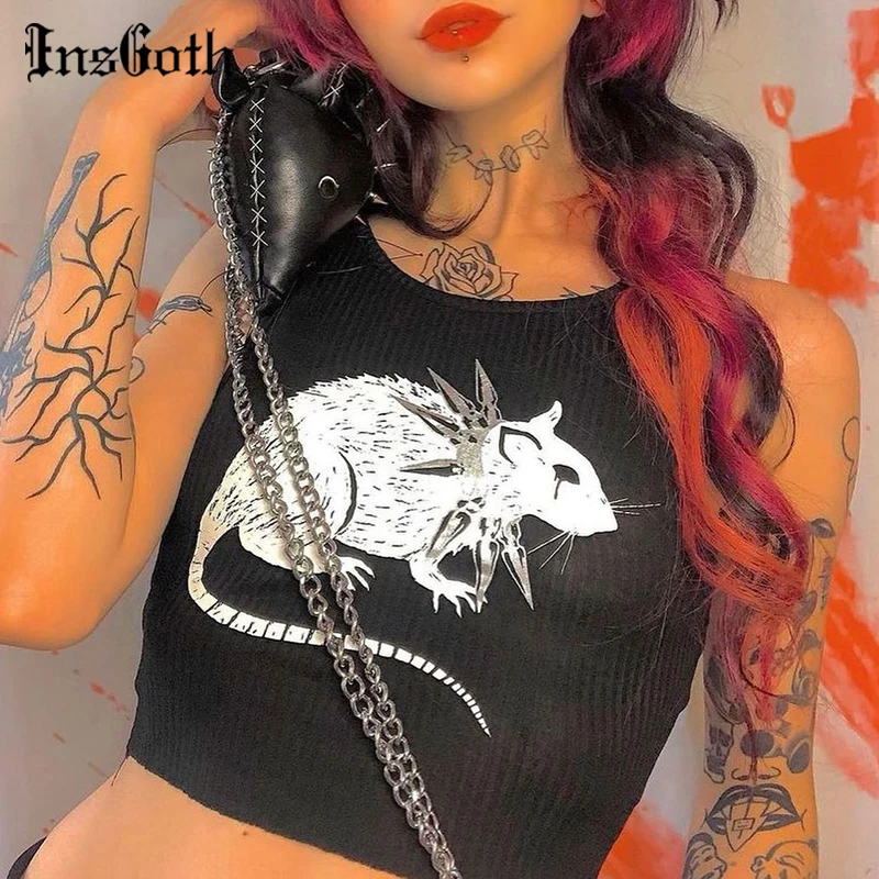 InsGoth Grunge Mouse stampa canotta nera Goth Sexy aderente Top corti donna Streetwear Harajuku O