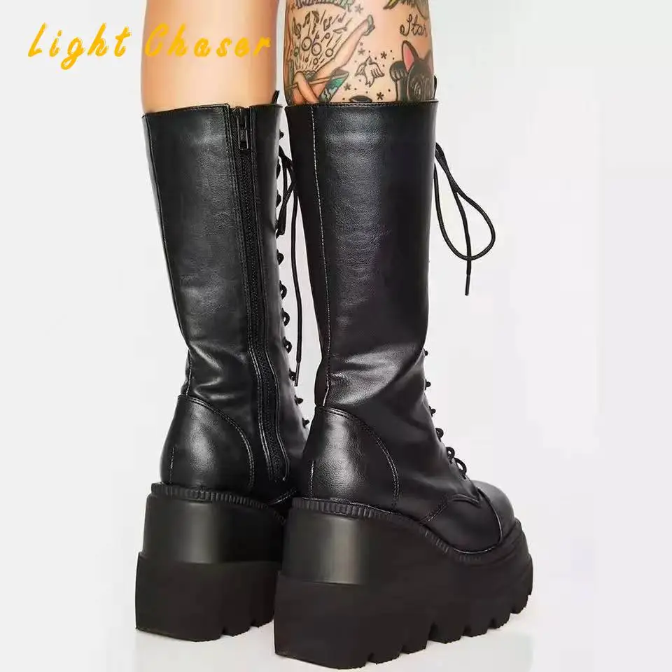 Brand Design Big Size 43 Black Gothic Style Cool Punk Motorcycles Boots Female Platform Wedges High Heels Calf Boots Women Shoes