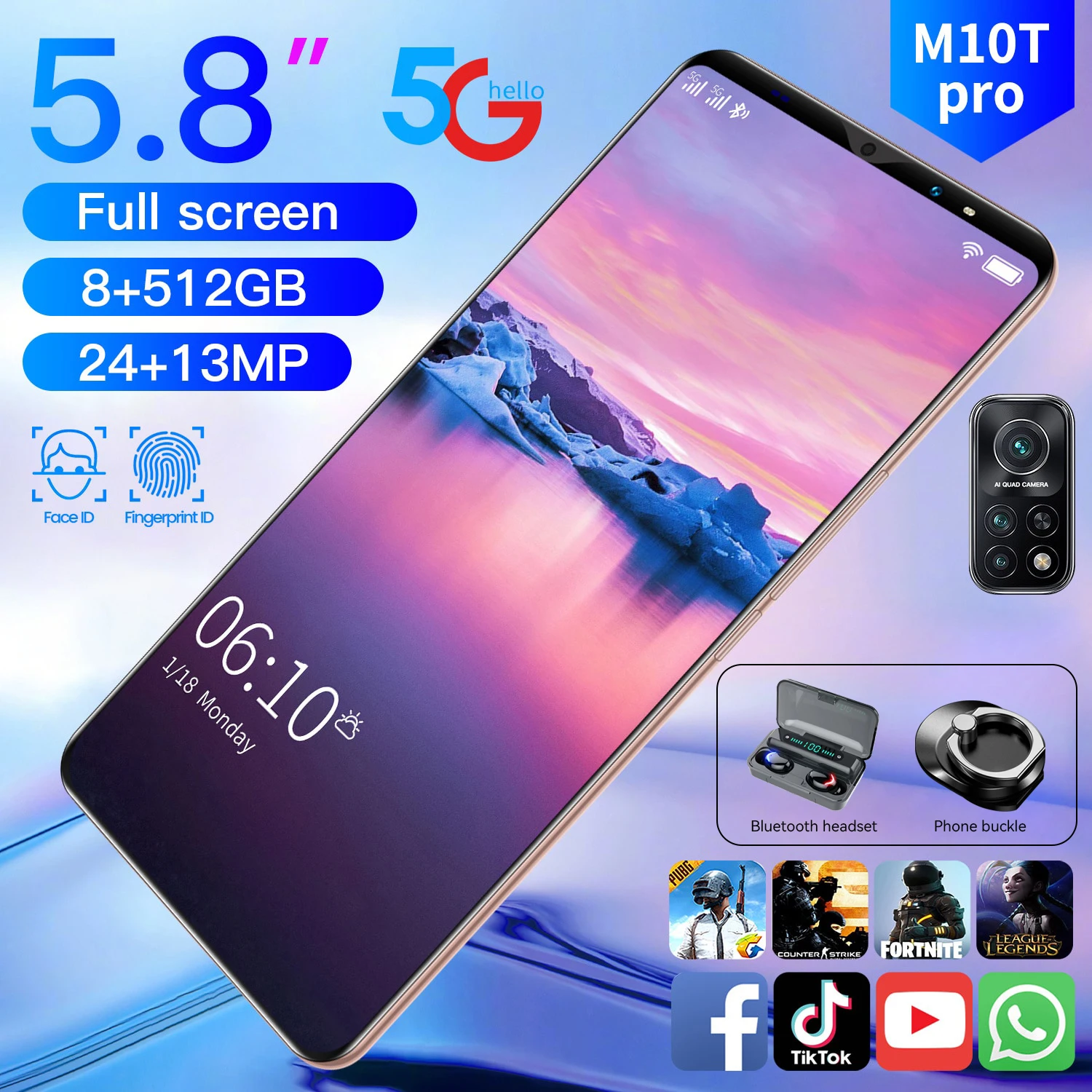 

M10T Pro Smartphone Android MT6763 5.8'' 8+512GB 24+13MP 8-Core Cell Phone MT6763 Unlocked Cell Phones Push-Button Phone
