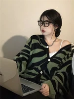 2021 women cardigan zebra pattern v neck loose all match single breasted knitted sweater korean style ulzzang autumn outwear