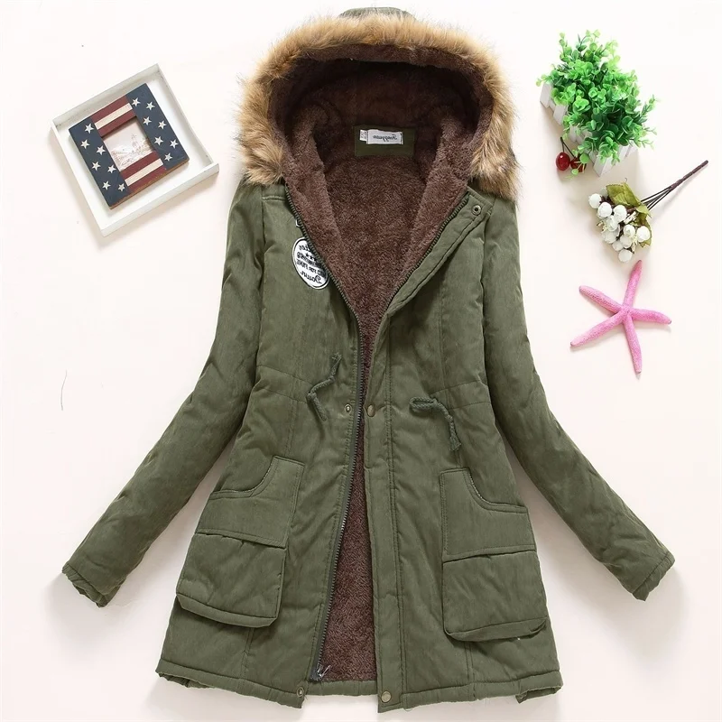 

jacket hooded cotton padded Winter women's new Korean version lamb wool Plush medium length cotton padded jacket