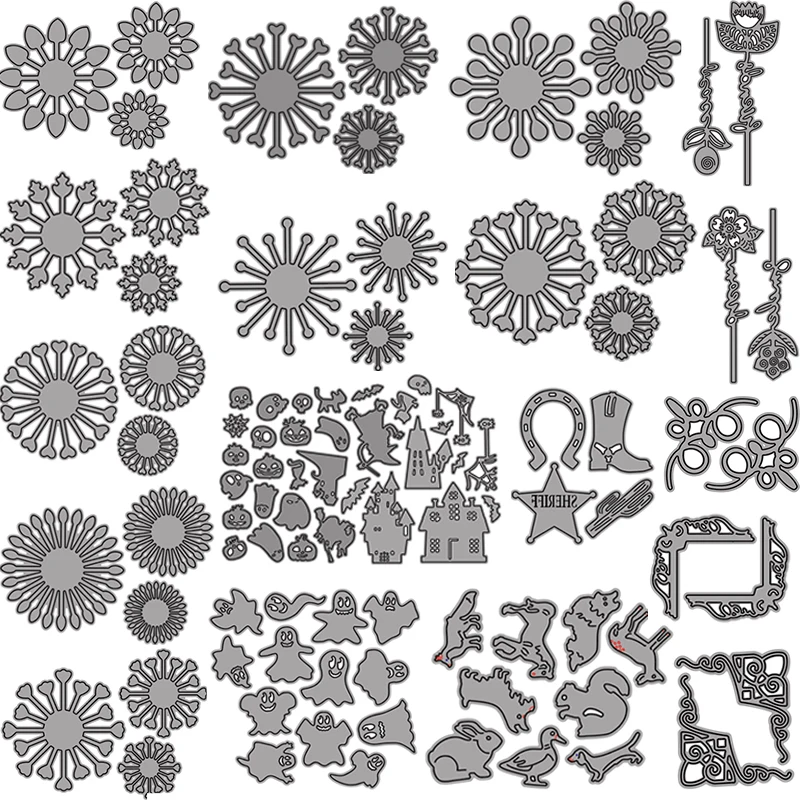 Укладка слоев цветов ретро углы дикие цветы призраки животные режущие штампы для