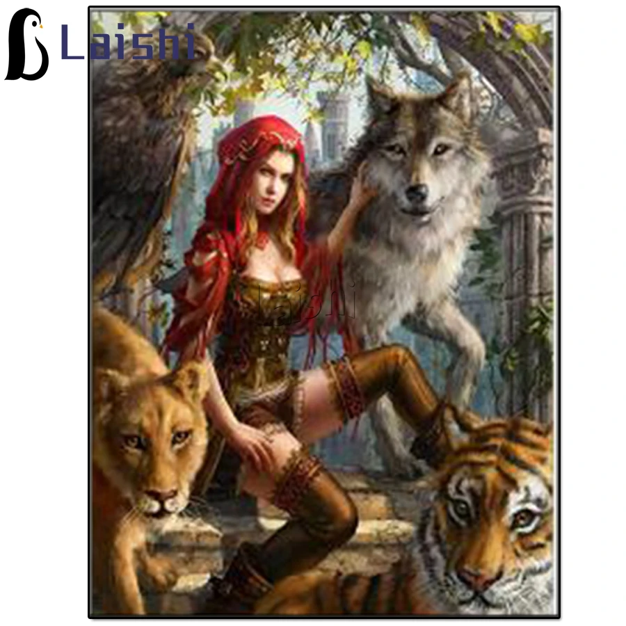 

5D round square diamond embroidery Egyptian woman with lion, tiger and wolf diamond painting mosaic pictures rhinestones icon