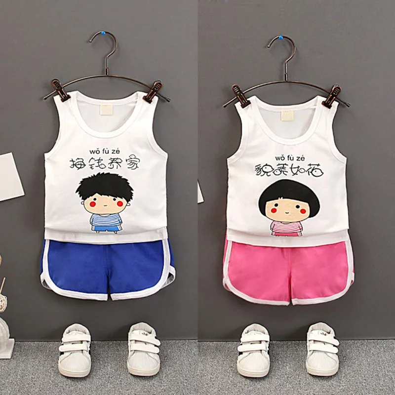 2019 HOT Baby Clothes Summer Boys Girls Casual Sleeveless Cartoon Words Print T-shirt Tops+Shorts Suits Costume Set | Детская одежда и