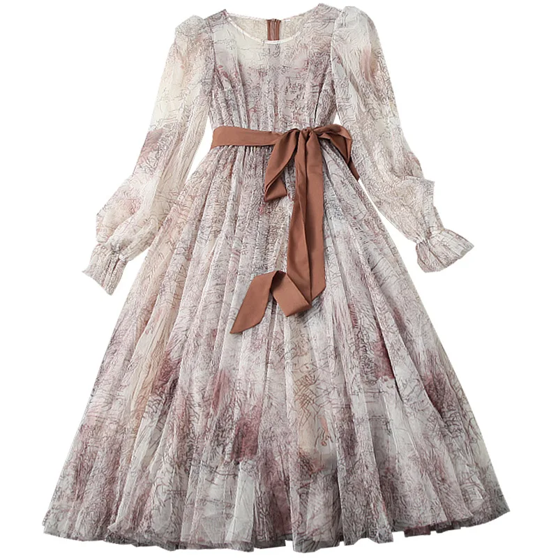 

European Runway Designers Dress 2021 Spring Vintage Long Sleeve Printed Mesh Long Dresses for Women