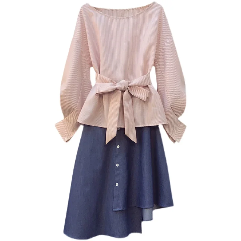 

2021 Spring Big Size Striped Shirt Irregular Bull-Puncher Skirt Two-Piece Clothing Set Women Outfit Pullover Top Loose Plus