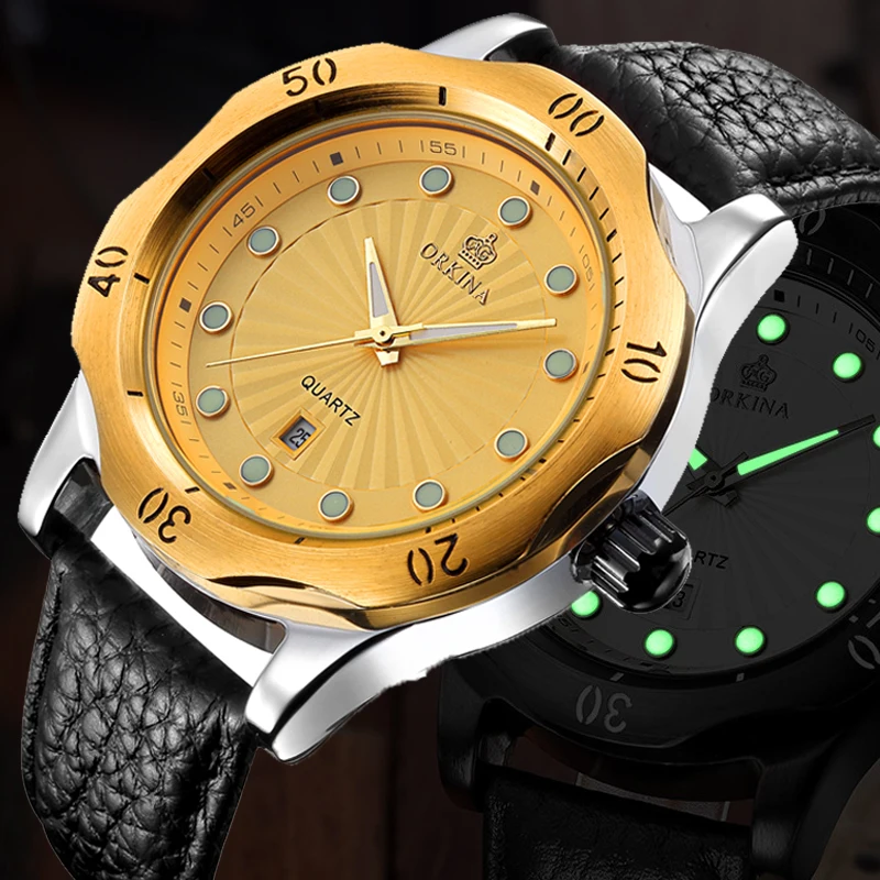 

Simple Luminous Leather Belt Gold Men's Quartz Watch Noctilucent Fashion Calendar Watch Business Man