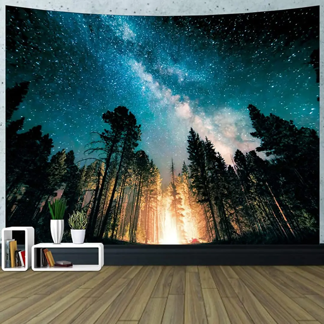 

Forest Starry Tapestry Wall Hanging, Campfire Starry Night Sky Galaxy Tapestry Nature Tapestry Tree Wall Tapestry Tapestry