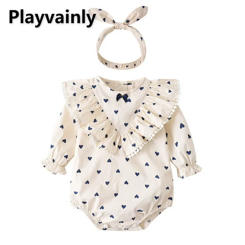 

2021 Korean Style New Autumn Baby Girls Bodysuit Love Heart Round Color Bow Jumpsuit Infant Clothes Newborn Outfits E237