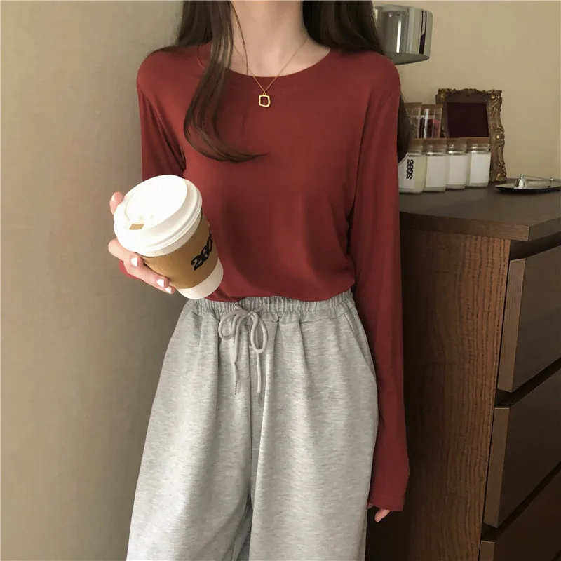 

All-Matching Solid Color Long-Sleeved T-shirt for Women Spring and Autumn Korean Style Slimming Inner Bottoming Shirt 2021new