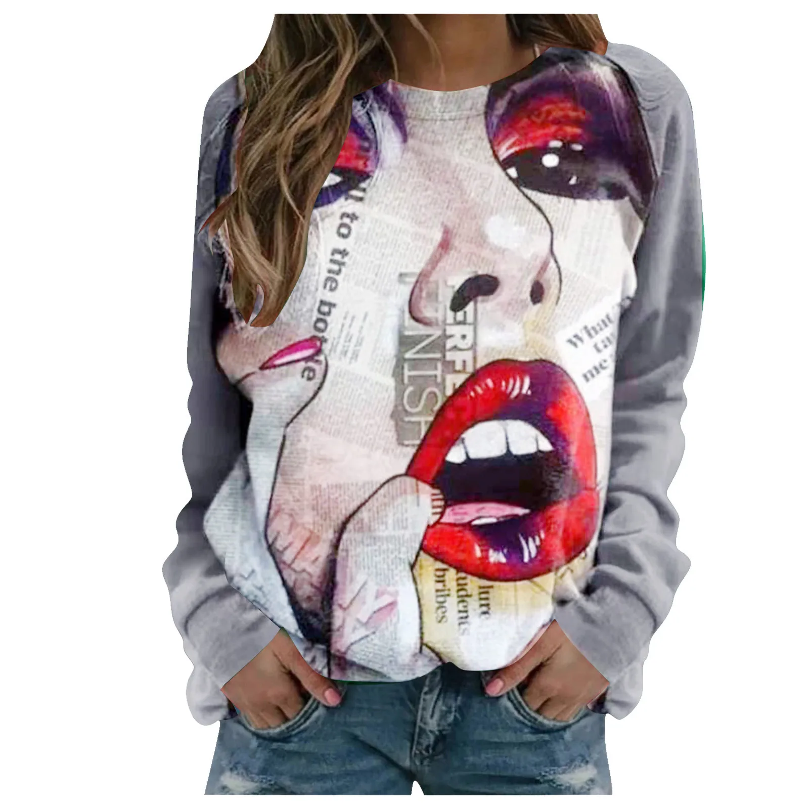 

Свитшот женский с круглым вырезом, модный Свободный Топ в стиле Харадзюку, с длинным рукавом, с принтом, Осень-зима