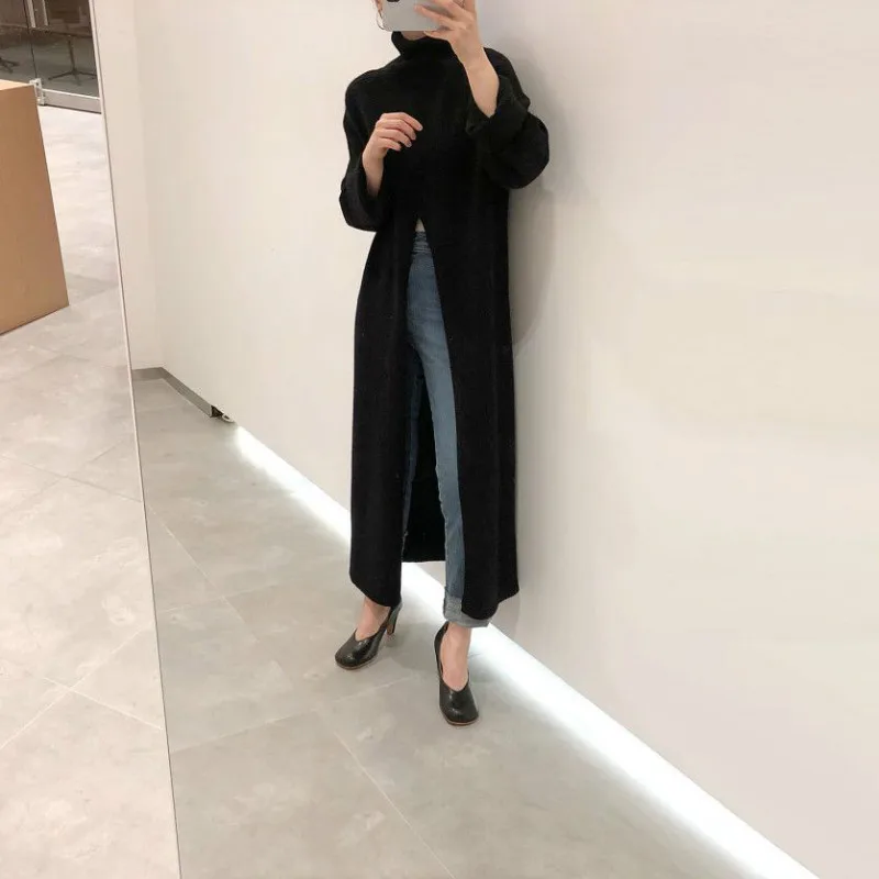 

Jane Deiune New Autumn Winter Women Chic Loose Casual Split Pullovers Ladies Fashion Turtleneck Knitted Long Sweaters Solid Tops