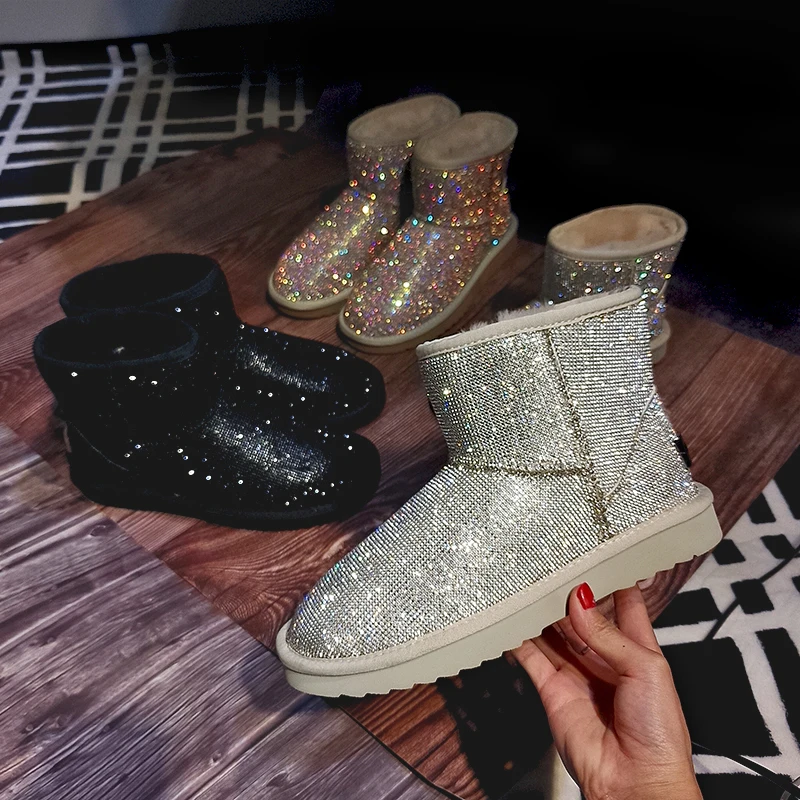 

Брендовая женская обувь, женские ботинки с круглым носком, на плоской подошве, плюшевые ботинки с кристаллами, Женские Австралийские модные...