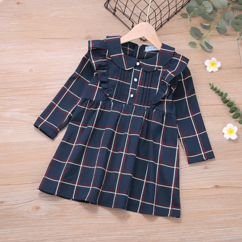 

Casual Children Dresses Kids Clothes Girls Doll Collar Long Sleeve Plaid Shirt Dress Autumn Girls Clothes