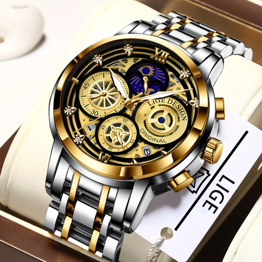 Часы наручные LIGE Мужские кварцевые с хронографом брендовые Роскошные модные
