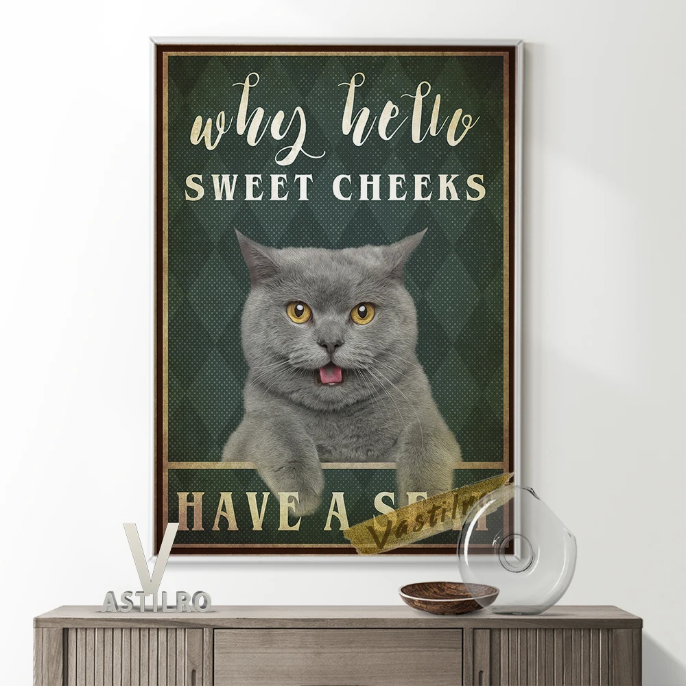 

Original Art Funny Animal Poster Grey Cat Canvas Painting Bedroom Wall Hanging Decor Kitty Lover Gift Retro Art Prints Decorate
