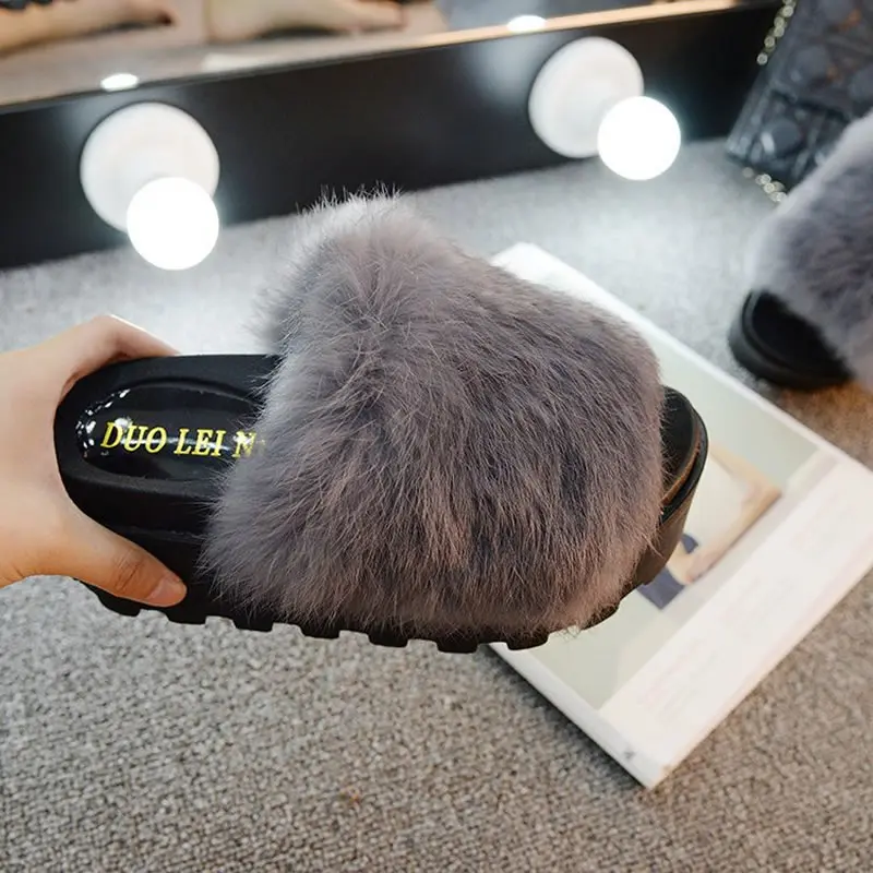 

2021 new fashion spring autumn Trifle Thick bottom Fuzzy slippers women'slippers Rabbit hair Flip-flops High heels