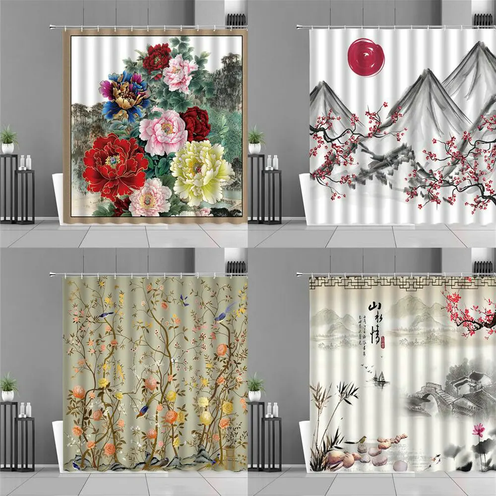 

Штора для душа в китайском стиле, занавеска для ванной с рисунком чернил в стиле ретро, с цветами, птицами, рыбами, растениями, Декор для дома ...