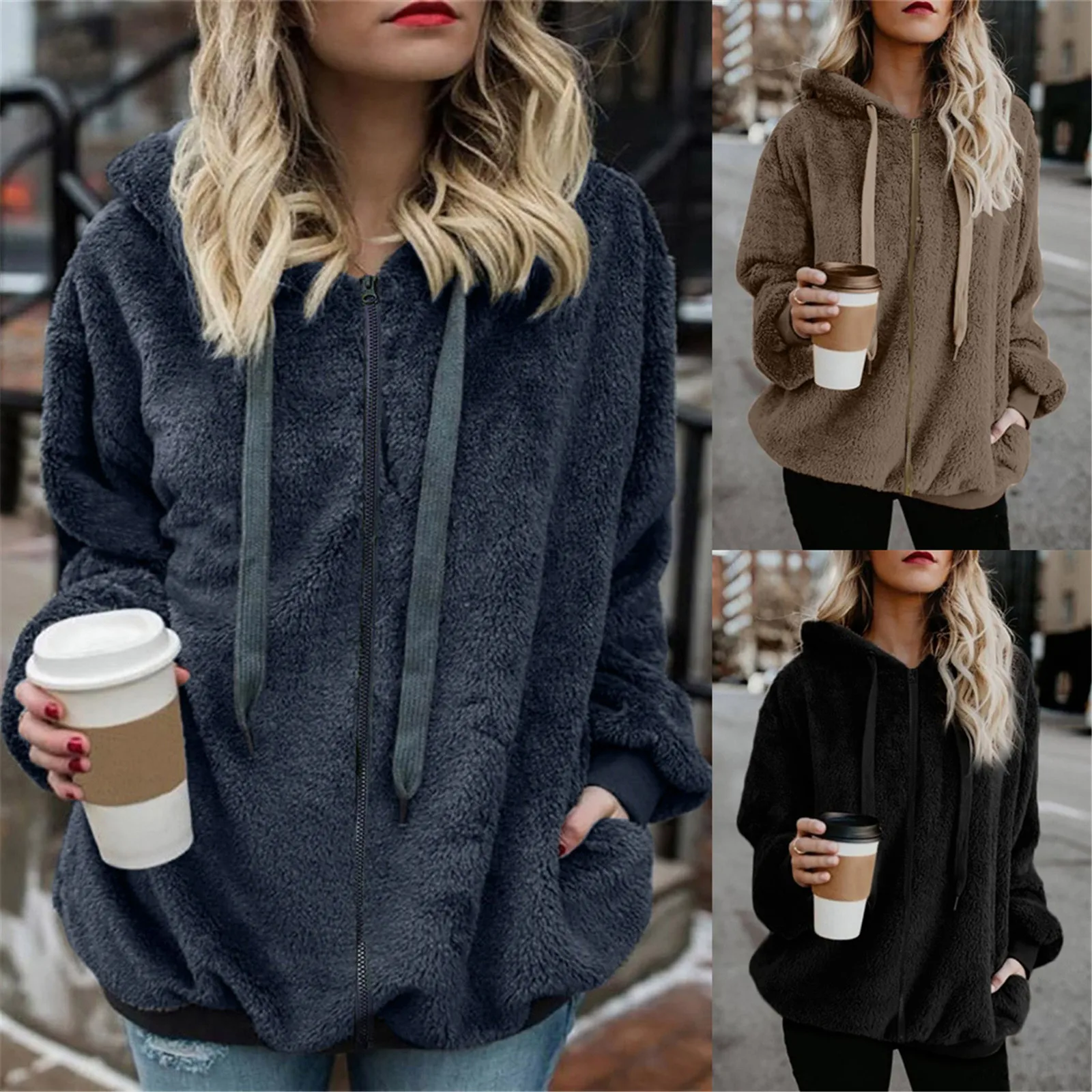 

Женские толстовки с капюшоном в стиле Харадзюку, зимняя теплая шерстяная Верхняя одежда большого размера с карманами на молнии, хлопковая Ж...