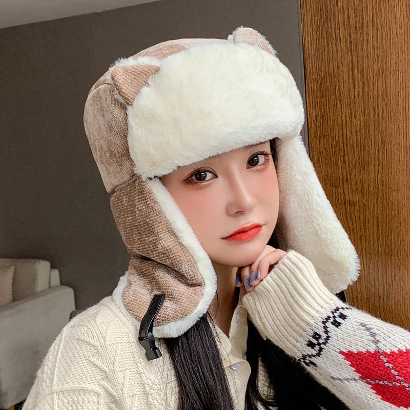 

Women Warm Earmuffs Thicken Ear-Flap Hat Winter Comfortable Cold-Proof Warm Cotton Hat Cat Ears Cap 2021 Winter Russian Hat