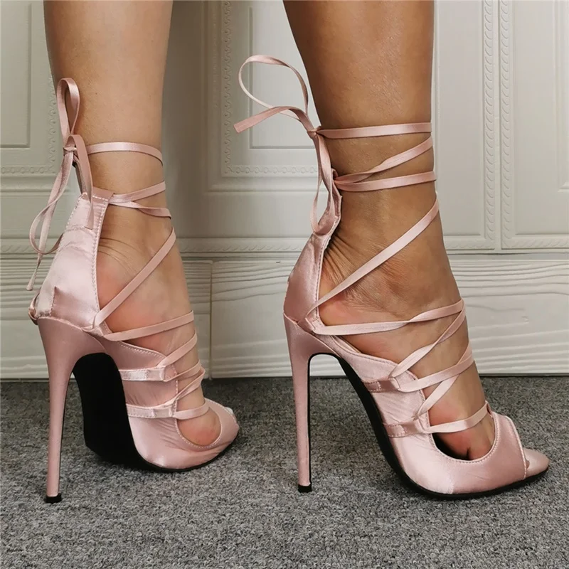 

Sexy Pink Satin Strappy Sandals Cut-out Peep Toe Lace-up High Heel Sandals Shoes Stiletto Heels Summer Shoes Customized
