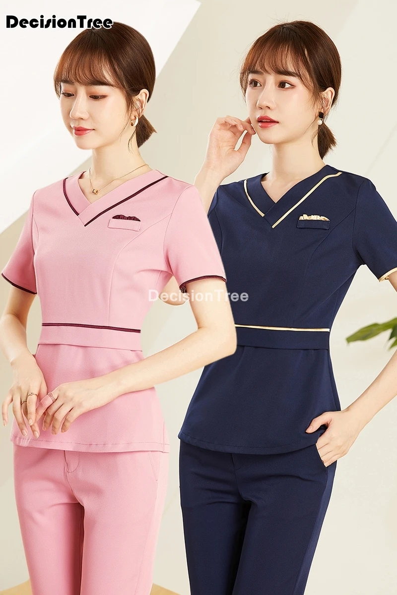 

2021 spa massage beautician uniform women beauty salon waitress beautiful work clothes uniforms woman feamle top+pants set