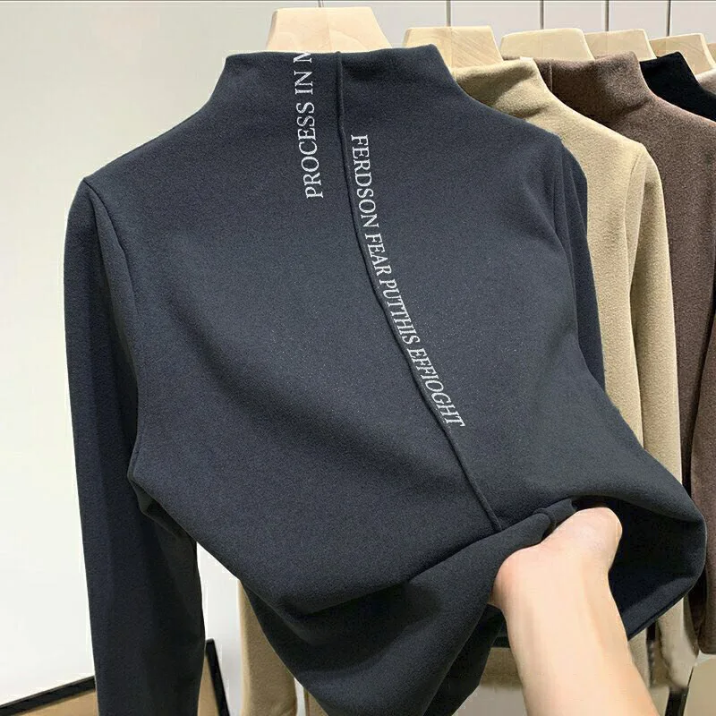 

2021 Spring Autumn Warm T-Shirt Half Turtleneck Letter Print Tee Fashion Long Sleeve Black Women's Top Basic Casual Clothes Y2k