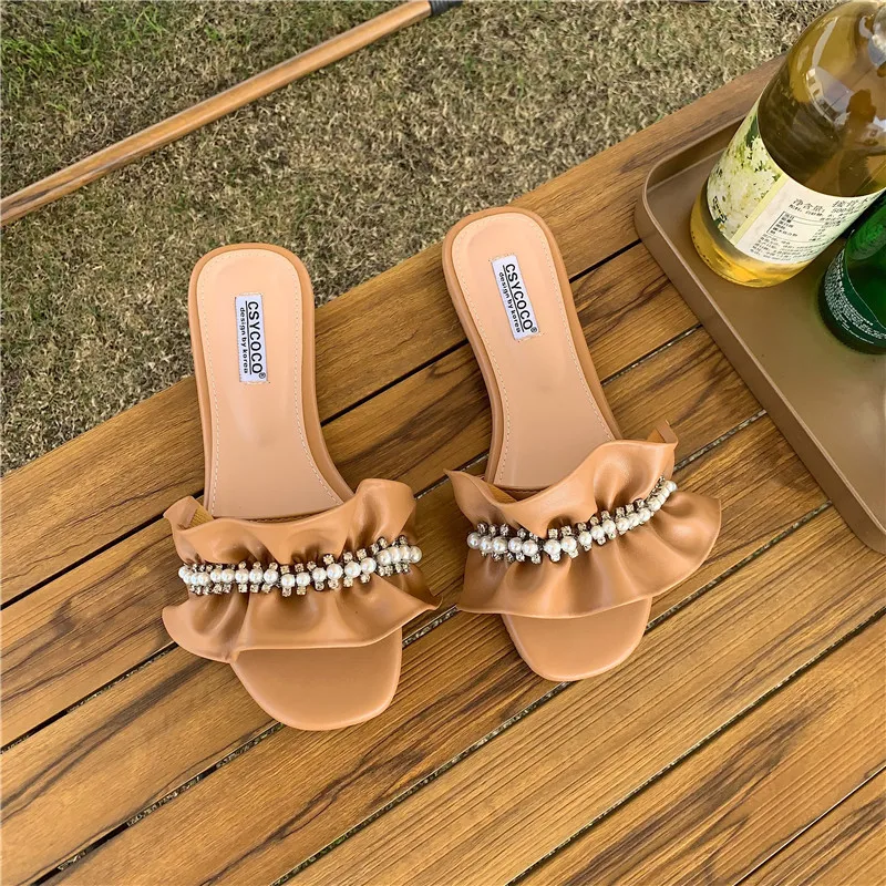 

Shoes Woman 2021 String Bead Glitter Slides Female Slippers Jelly New Rubber Flat Rome Fabric Basic Crystal Sweet PU String Bead