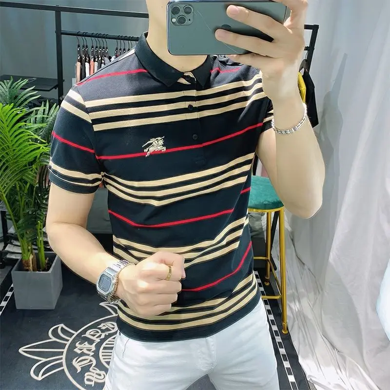 

Summer new fashion men's slim casual Joker striped plaid short sleeve t-shirt men's polo shirt