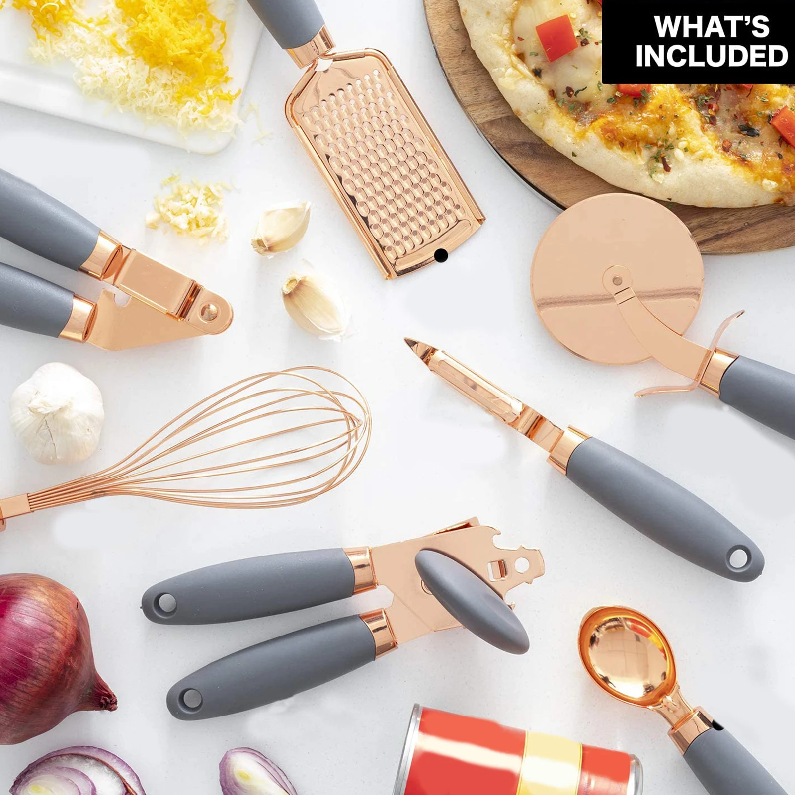 

7pcs Kitchen Gadget Set Copper Coated Stainless Steel Utensils With Soft Touch Grey Kitchen Dinnerware Tableware Heat Resistant