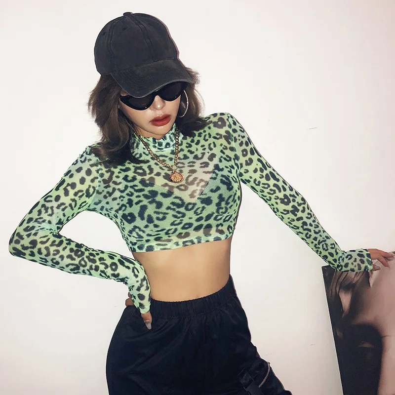 Осенняя женская сексуальная сетка Леопардовый кроп Топ круглый воротник