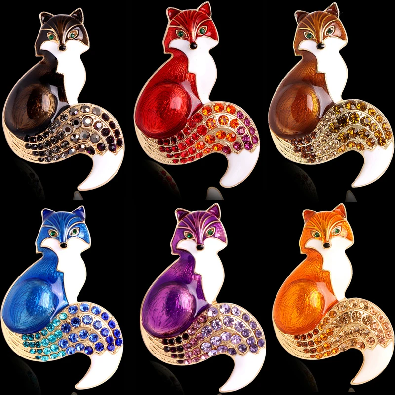 

WN A pack of 12 Six colors optional animal series crystal enamel fox Brooch fashion women causal Brooch clothing backpack badge