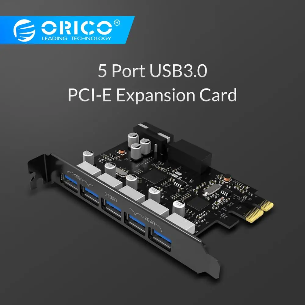 ORICO USB 3,0 карта расширения PCI-E 5 Порты Hub адаптер внешний контроллер Express карты с помощью 4-контактных Мощность разъем шнура