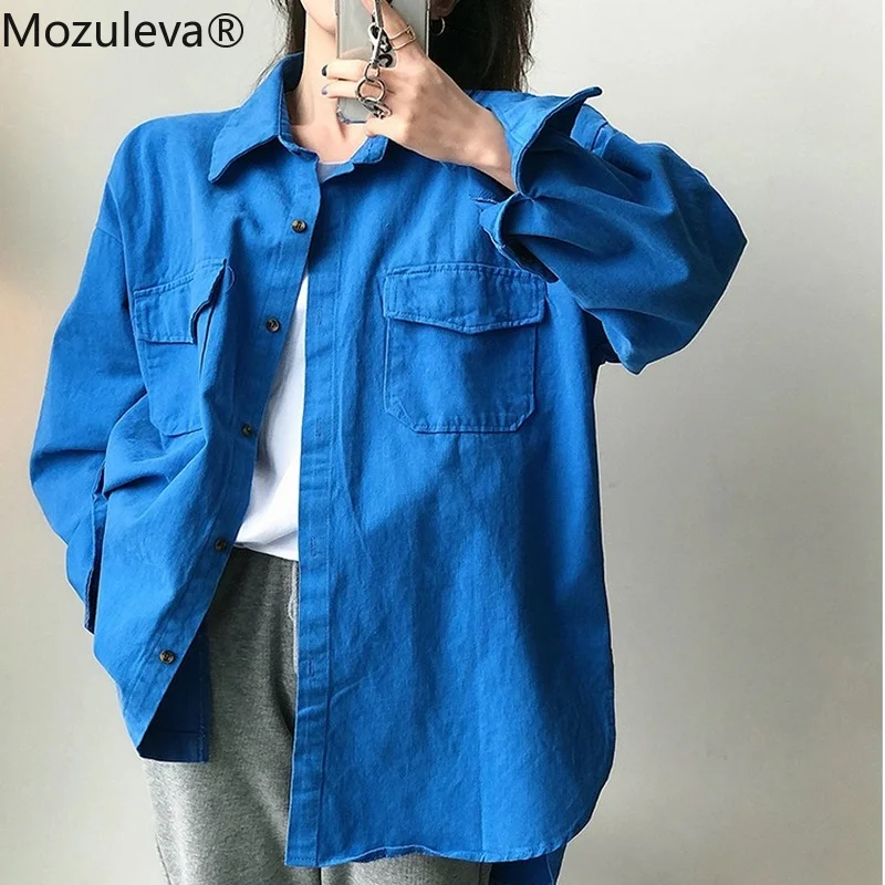 

Mozuleva Oversized Shirts for Women Summer Autumn Turn-down Collar Office Ladies Loose Cotton Blouse Female Tops Blusas 2021
