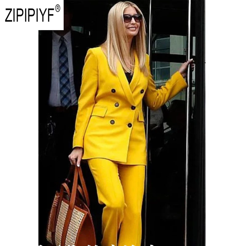 Модные женские костюмы в деловом стиле двубортные Желтые Пиджаки с длинными
