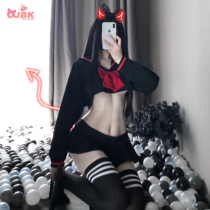 

Sexy Cosplay Costume JK Uniform Kwaii Lolita Mini Top Skirt Erotic Roleplay Set Student Sailor with Black Color with Red Bow