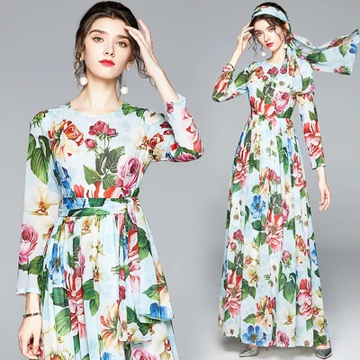 

Flower Print Diamond Buttons Ankle-Length Pleated Chiffon Dresses Runway Hydrangea Floral Fall Dress Women Green Leaves