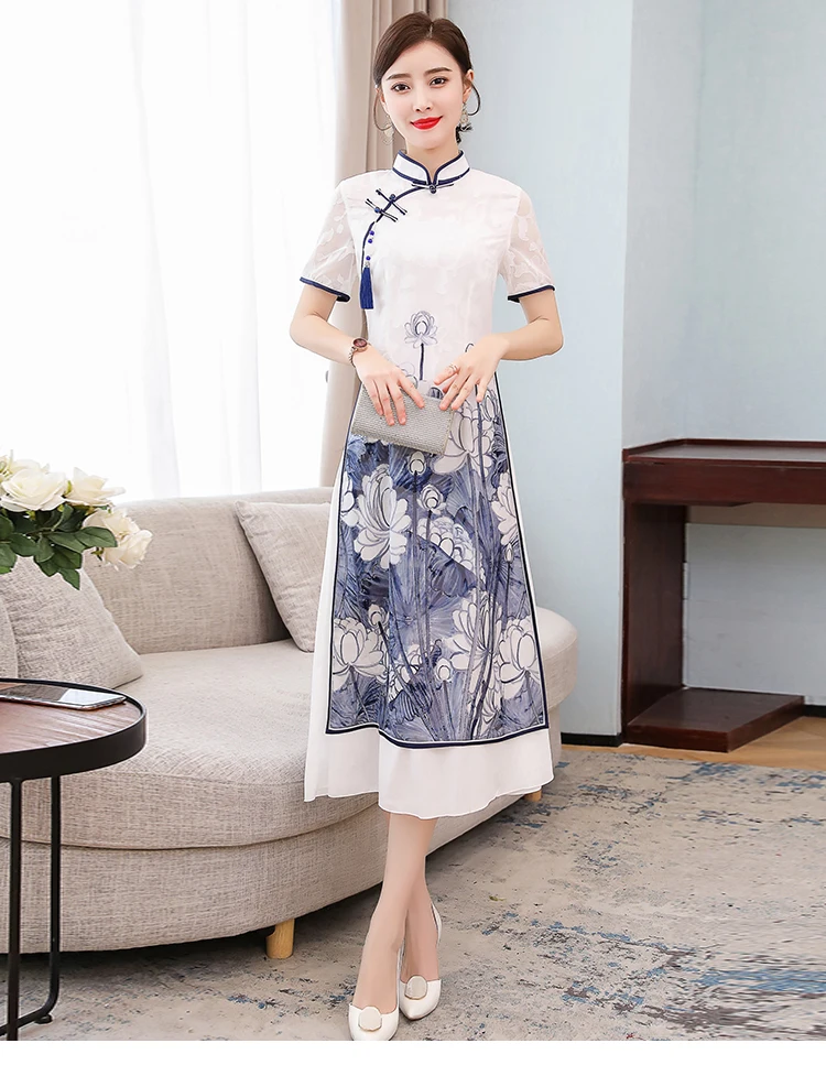 Современное платье qipao с цветочным принтом в вьетнамском стиле длинное Ао Дай |