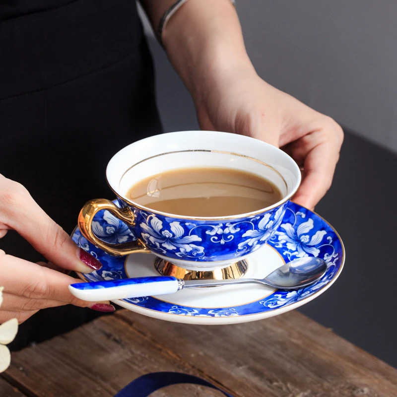 Высококачественная кофейная чашка из костяного фарфора сине белая керамическая